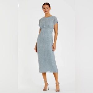 Mac Duggal Blue Beaded Cap Sleeve Empire Waist Sheath Midi Dress